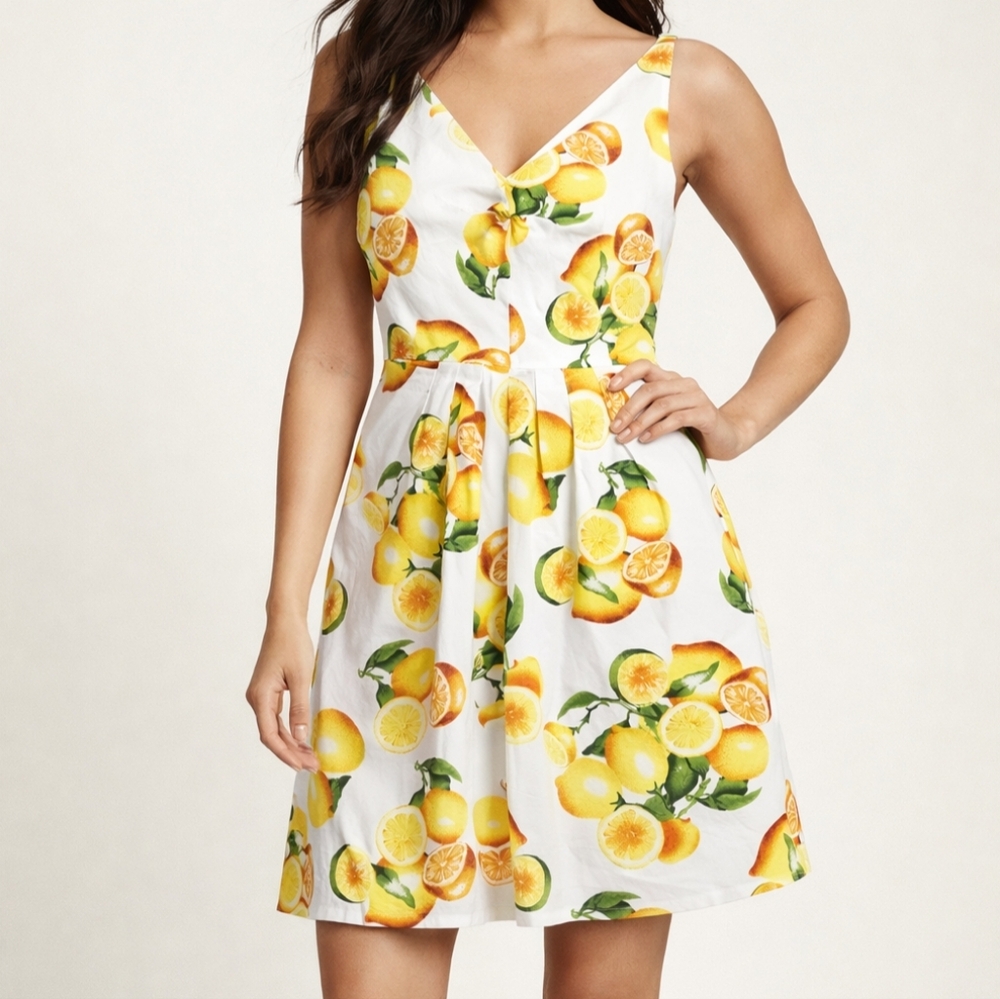 Banana Republic Lemon Citrus Print Dress Size 12 White Yellow Sleeveless Summer